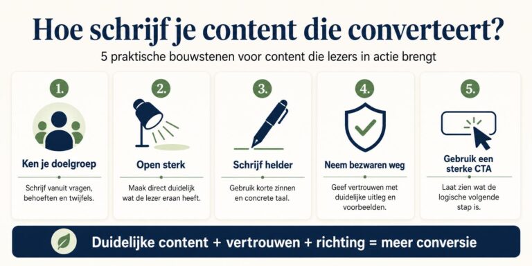 Contact Infographic over hoe je content die converteert schrijft met tips voor structuur, vertrouwen en call-to-actions
